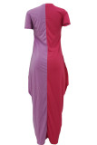 Rose Red Fashion Casual Print Split Joint Asymmetrical O Neck Short Sleeve Dress