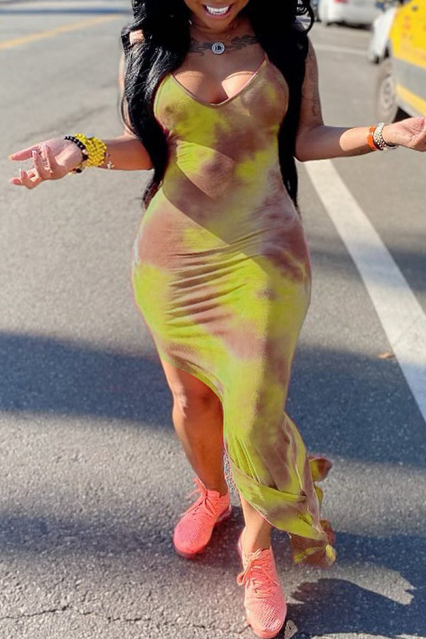 Yellow Fashion Sexy Print Tie Dye Backless Slit Spaghetti Strap Long Dress