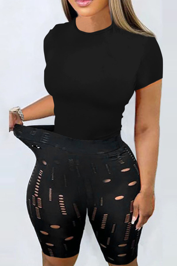 Matte Black Sexy Solid Hollowed Out Patchwork High Waist Pencil Patchwork Bottoms