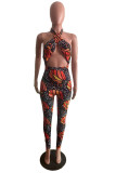 Colour Fashion Sexy Print Hollowed Out Backless Halter Skinny Jumpsuits
