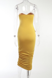 Yellow Fashion Solid Fold Strapless Pencil Skirt Dresses