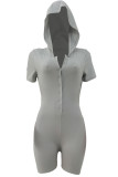 Grey Fashion Casual Solid Basic Hooded Collar Skinny Romper
