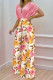 Pink Casual Print Patchwork V Neck Short Sleeve Two Pieces