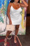 White Fashion Sexy Solid Draw String Backless Fold Spaghetti Strap Sleeveless Dress