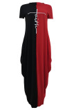 Black Fashion Casual Print Split Joint Asymmetrical O Neck Short Sleeve Dress