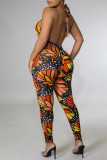 Colour Fashion Sexy Print Hollowed Out Backless Halter Skinny Jumpsuits