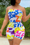 White Fashion Sexy Letter Print Backless Strapless Skinny Romper