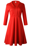 Red Casual Solid Patchwork V Neck Cake Skirt Dresses
