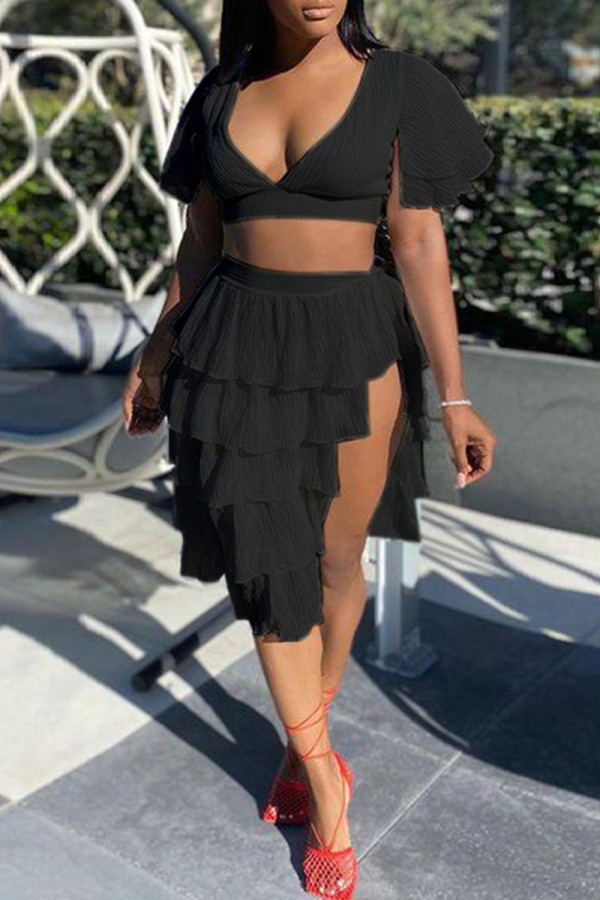 Black Sexy Solid Patchwork Flounce V Neck Short Sleeve Two Pieces