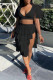 Black Sexy Solid Patchwork Flounce V Neck Short Sleeve Two Pieces