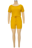 Ginger Fashion Solid Draw String O Neck Straight Rompers