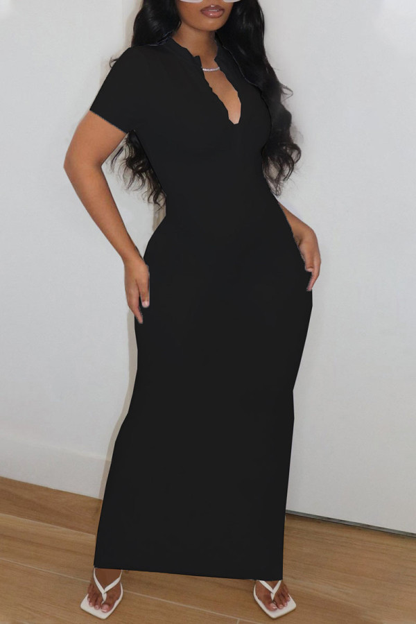 Black Casual Solid Patchwork Turndown Collar Straight Dresses
