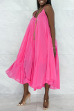 Rose Red Sexy Casual Solid Backless O Neck Sling Dress