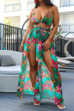 Green Sexy Print Patchwork Backless Cardigan Halter Sleeveless Two Pieces