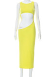 Yellow Sexy Solid Hollowed Out Patchwork O Neck One Step Skirt Dresses