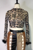 Leopard Print Sexy Leopard Beading Half A Turtleneck Tops