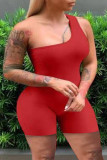 Red Fashion Casual Solid Backless One Shoulder Plus Size Romper
