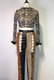 Leopard Print Sexy Leopard Beading Half A Turtleneck Tops