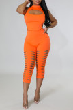 Orange Fashion Sexy Solid Hollowed Out Asymmetrical Half A Turtleneck Sleeveless Two Pieces