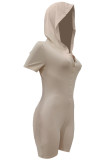 Khaki Fashion Casual Solid Basic Hooded Collar Skinny Romper
