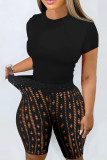 Matte Black Sexy Solid Hollowed Out Patchwork High Waist Pencil Patchwork Bottoms