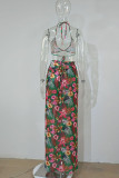 Green Sexy Print Patchwork Backless Cardigan Halter Sleeveless Two Pieces