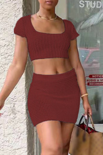 Burgundy Fashion Sexy Solid Bandage Hollowed Out Backless Square Collar Short Sleeve Two Pieces