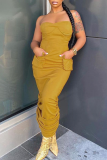 Yellow Fashion Solid Fold Strapless Pencil Skirt Dresses