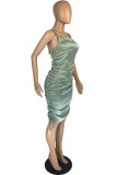 White Fashion Sexy Solid Draw String Backless Fold Spaghetti Strap Sleeveless Dress
