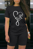 Black Fashion Casual Print Basic O Neck Short Sleeve Two Pieces