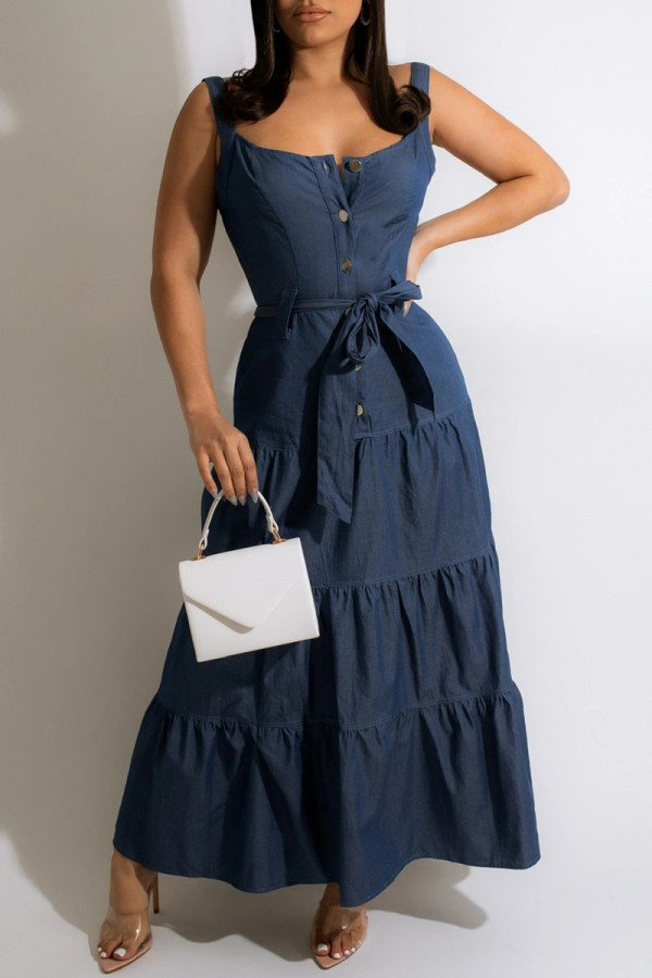 Dark Blue Sexy Casual Solid Backless Spaghetti Strap Long Dress
