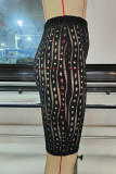 Matte Black Sexy Solid Hollowed Out Patchwork High Waist Pencil Patchwork Bottoms