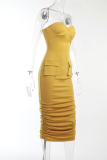 Yellow Fashion Solid Fold Strapless Pencil Skirt Dresses