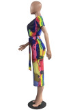 Multicolor Fashion Casual Print Tie Dye With Belt V Neck Short Sleeve Dress