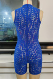 Blue Sexy Solid Hollowed Out Patchwork O Neck Regular Rompers