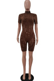 Coffee Fashion Sexy Solid Ripped Hollowed Out Turtleneck Skinny Romper
