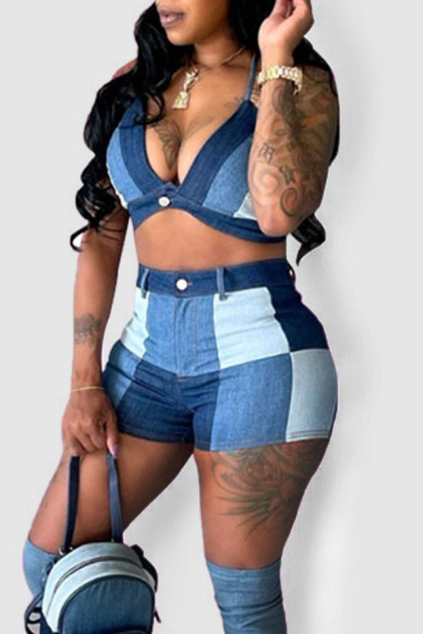 Blue Sexy Print Patchwork Halter Sleeveless Two Pieces
