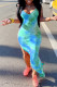 Blue Fashion Sexy Print Tie Dye Backless Slit Spaghetti Strap Long Dress
