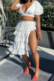Pink Fashion Sexy Solid Bandage Patchwork Slit V Neck Short Sleeve Two Pieces
