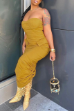 Yellow Fashion Solid Fold Strapless Pencil Skirt Dresses