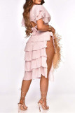 Pink Fashion Sexy Solid Bandage Patchwork Slit V Neck Short Sleeve Two Pieces