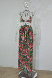 Green Sexy Print Patchwork Backless Cardigan Halter Sleeveless Two Pieces