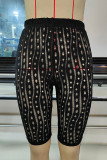 Matte Black Sexy Solid Hollowed Out Patchwork High Waist Pencil Patchwork Bottoms