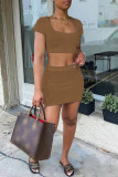 Brown Fashion Sexy Solid Bandage Hollowed Out Backless Square Collar Short Sleeve Two Pieces