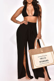 Apricot Sexy Solid Bandage Split Joint Backless Halter Two Pieces