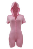 Pink Fashion Casual Solid Basic Hooded Collar Skinny Romper