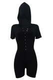Black Fashion Casual Solid Basic Hooded Collar Skinny Romper