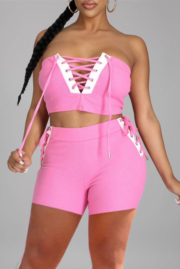Pink Fashion Sexy Solid Bandage Patchwork Backless Strapless Sleeveless Two Pieces