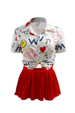 Red Casual Street Print Patchwork Buckle Turndown Collar Short Sleeve Two Pieces