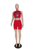 Red Fashion Print Letter Half A Turtleneck Sleeveless Two Pieces